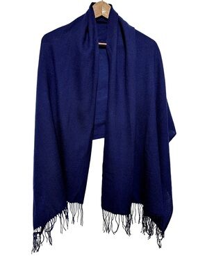 LUXE 100% Cashmere Pashmina Wrap Fringe Shawl Quiet Luxury Navy